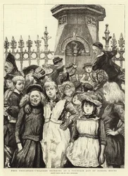 Kostenlose Bildung, Kinder trinken an einem Brunnen außerhalb der Schulzeit